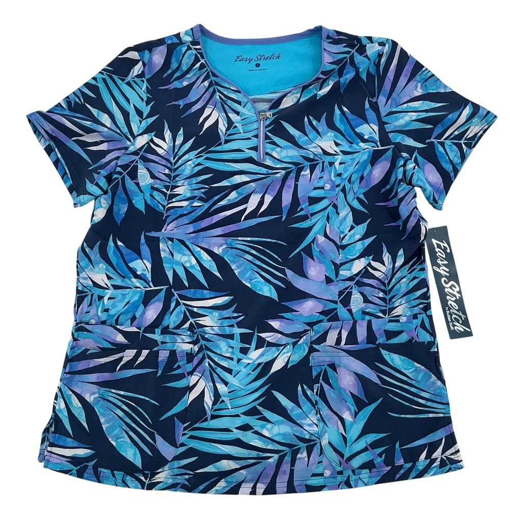 Easy Stretch Scrub Top Womens L Blue Tropical Palm Zip V-Neck Modern Healthcare